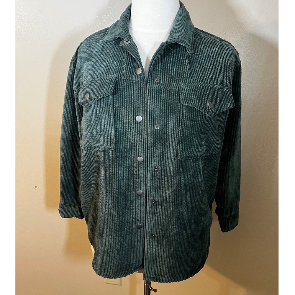 Green Corduroy Button Up Jacket Long Sleeve Oversized Shacket with Pockets